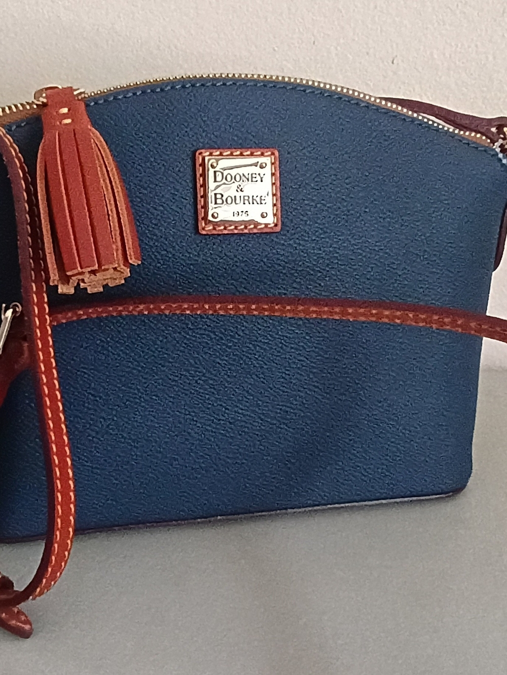 Dooney & Bourke Navy Leather Crossbody with Brown Trim and Red Interior